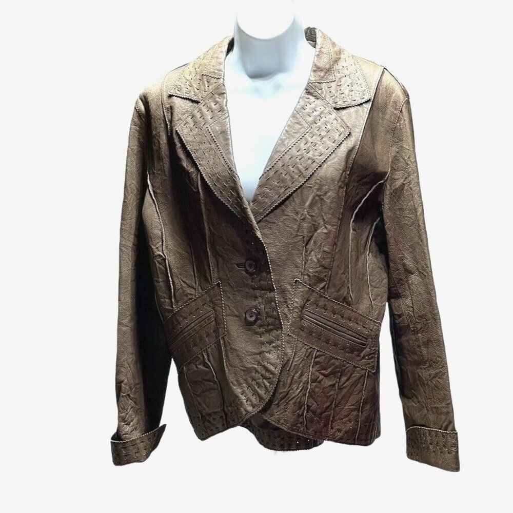 Black Rivet Womens Leather Jacket Size L Brown Button Closure Notched Lapel G-II